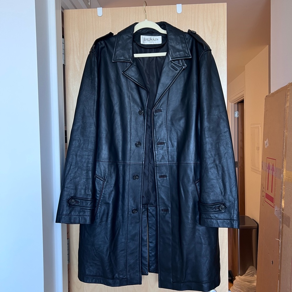 Balmain Paris Black Leather Long Coat